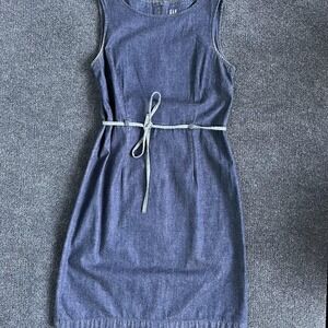 Vintage 90s Gap Dress Womens 8 Blue Denim Sleeveless Belted Sheath Short Casual